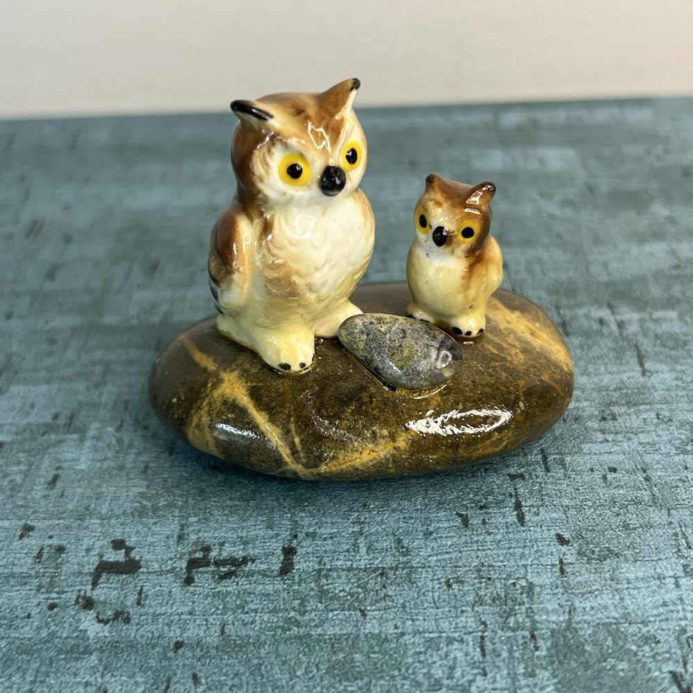 Vintage‎ Miniature Bone China Owl Mama and Baby Tiny Figurines Boho Animal